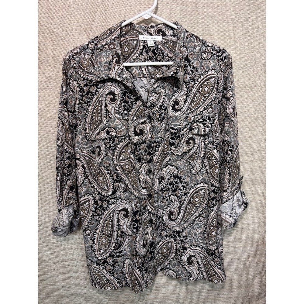 Studio Works Womens XL Paisley Button Up Blouse Roll Tab Sleeve Black Brown Grey